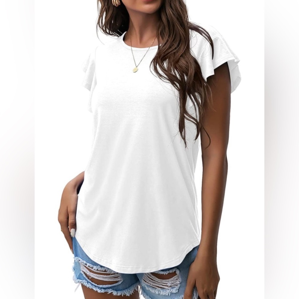 PrinStory Summer Tops Knit Shirts Casual Ruffle Short Sleeve Top Round Neck